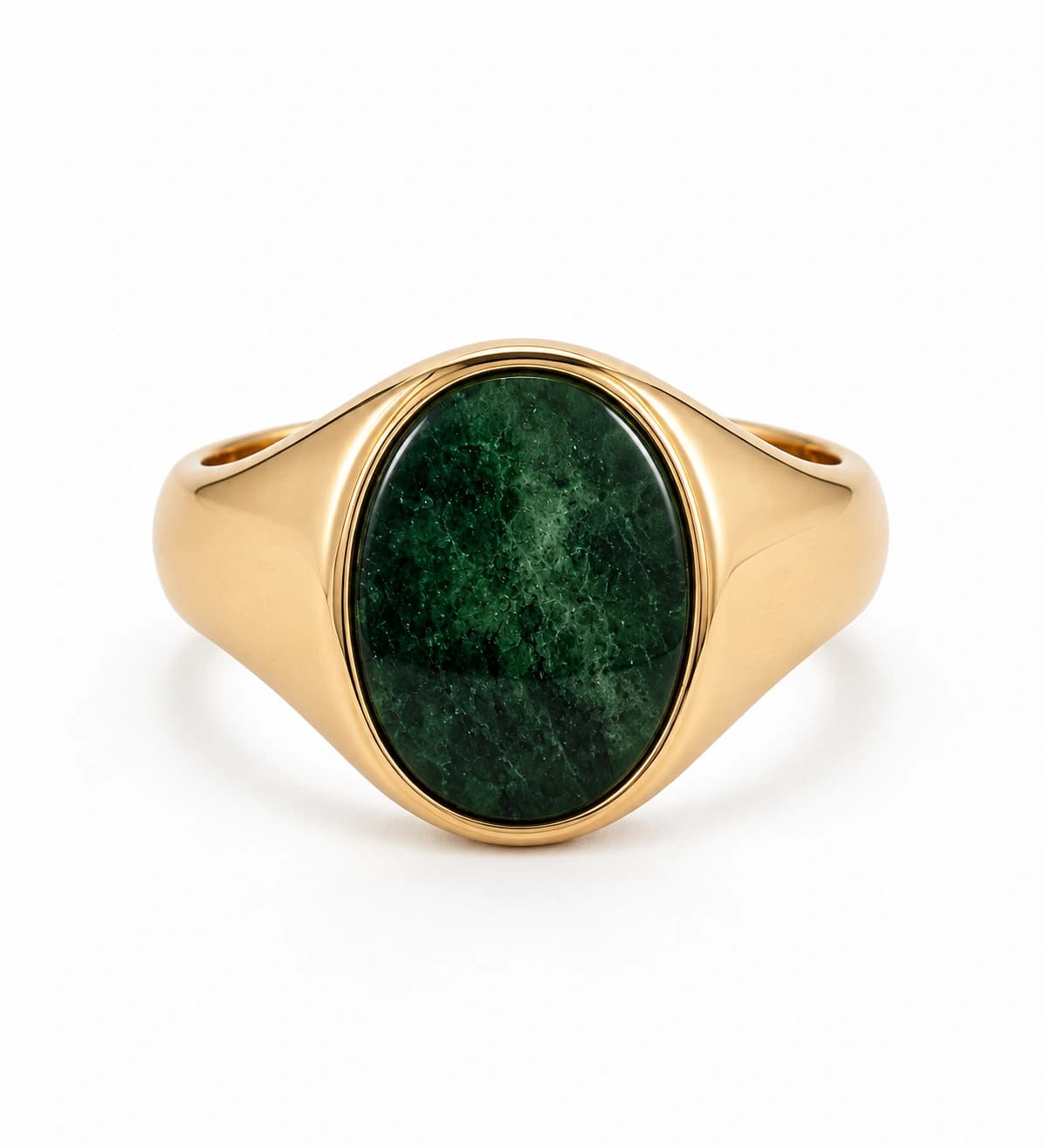 Green gemstone ring product reference on a white background