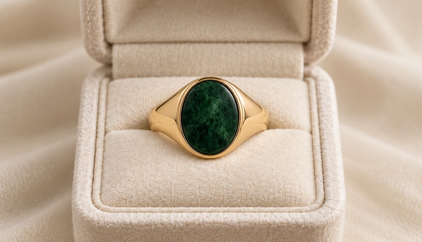 Green gemstone ring presented in a jewelry box