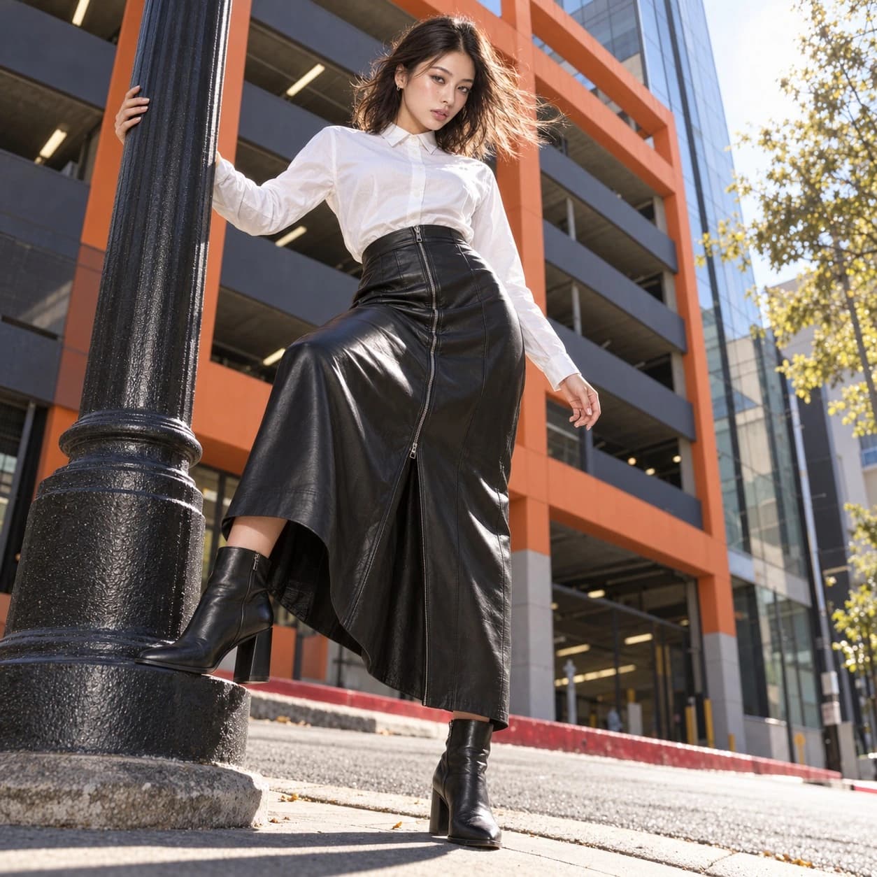 Model styled in a city street setting