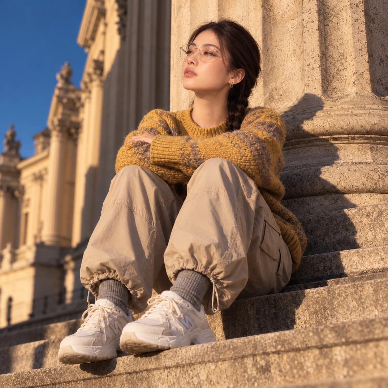 Model styled in a sunlit architectural setting
