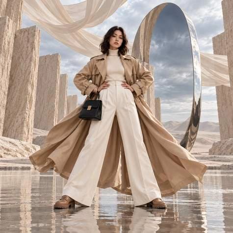 Model in a flowing neutral outfit against sculptural architecture