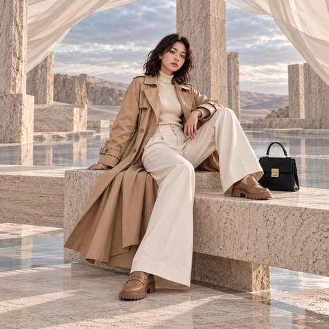 Model seated in a warm architectural setting