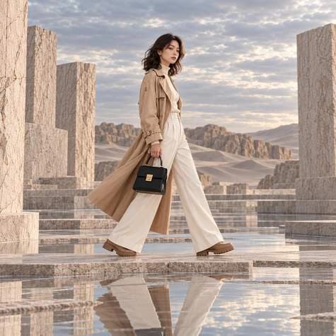 Model in a neutral outfit in a sunlit setting