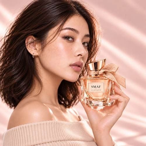 Model holding a SMAF perfume bottle against a soft pink background