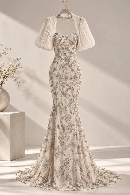 Embroidered evening gown displayed in a neutral studio