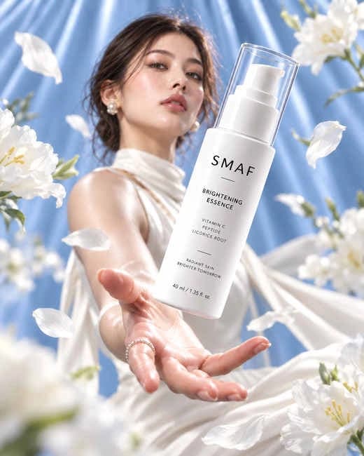 Model presenting a SMAF skincare bottle against blue satin and flowers