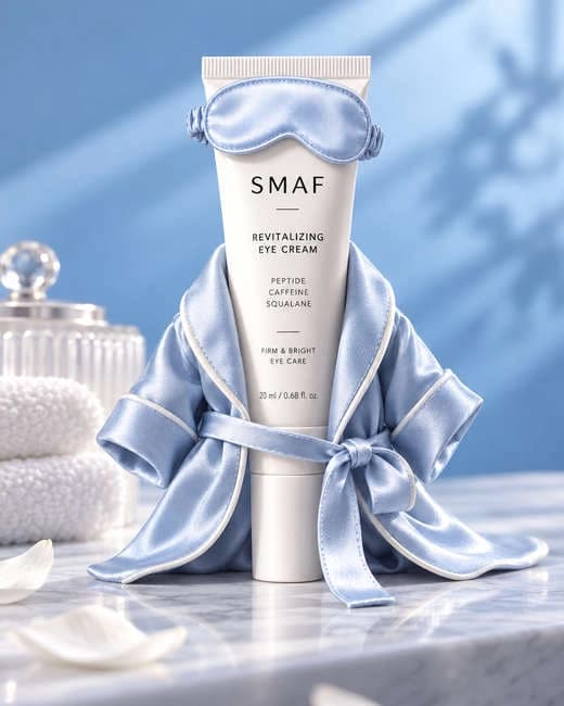 SMAF skincare bottle with flowing blue satin