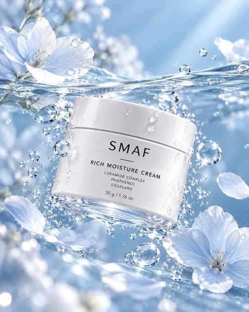 SMAF moisturizer jar surrounded by water and pale blue flowers