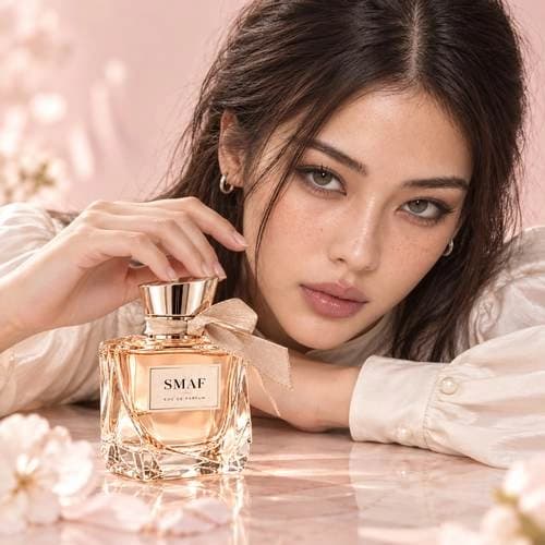 Model resting beside a SMAF perfume bottle on satin