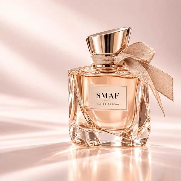 SMAF perfume bottle and satin bow in a pink studio setting