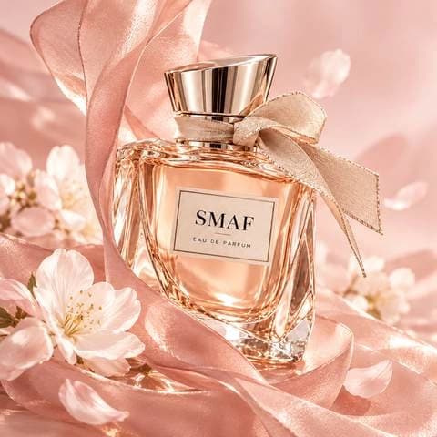 SMAF perfume bottle surrounded by peach fabric and flowers