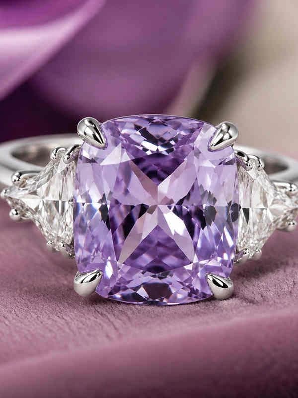 Close-up of a lavender gemstone ring on purple satin