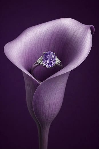Lavender gemstone ring nestled inside a purple flower